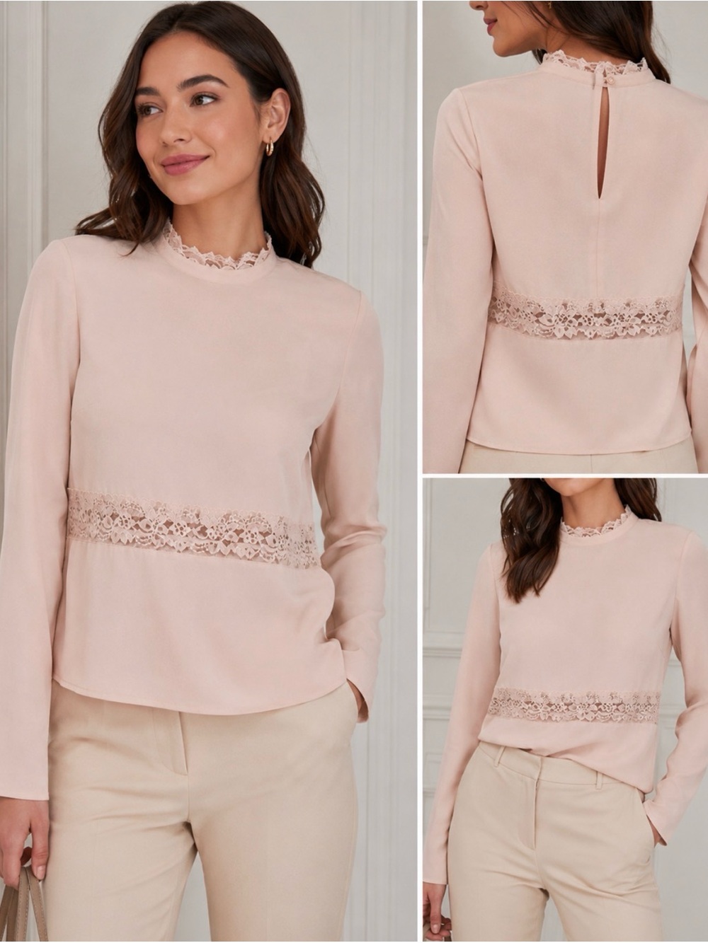 Babaton Lace-Trim Mock Neck Blouse - Blush